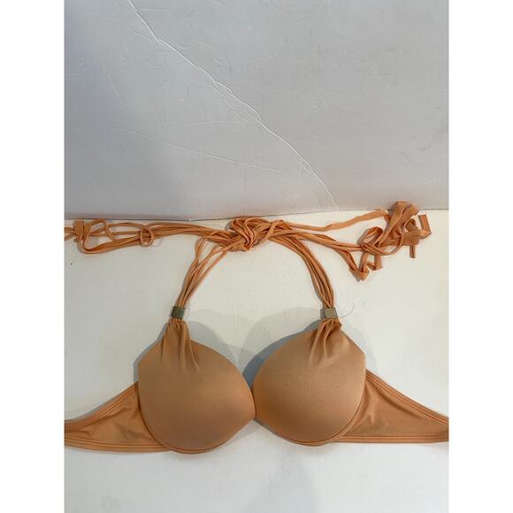 Victoria's Secret Bikini Top PEACH Long Fringe Halter Tie The Gorgeous 34D - Picture 1 of 10